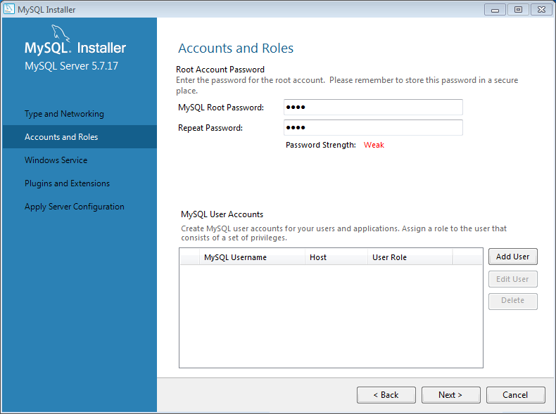 Install MySQL server v. 5.7 on Windows 7: accounts 