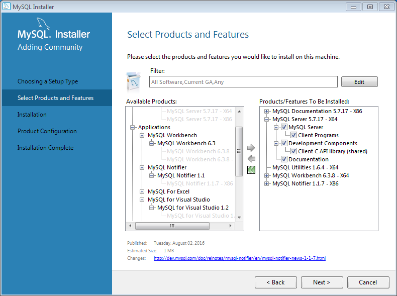 Install MySQL server v. 5.7 on Windows 7: features 