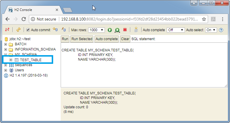 Create H2 database permanent table: created