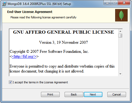 MongoDB Installation on Windows: license agreement