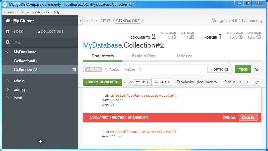 Delete (remove) a document from a MongoDB Collection: the document is flagged for deletion