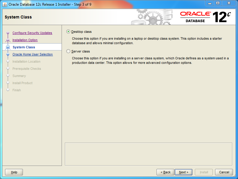 Oracle database 12cR1 Standard Edition 2 Installation on Windows: system class 