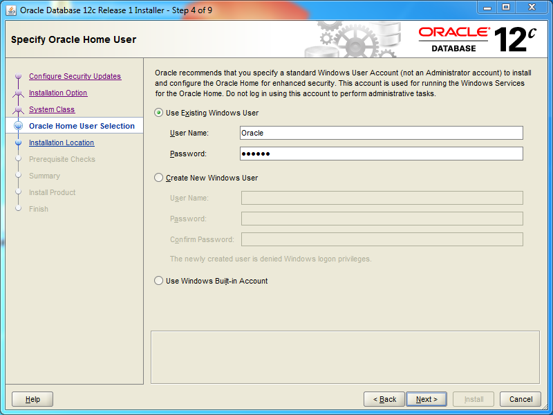 Oracle database 12cR1 Standard Edition 2 Installation on Windows: windows user 