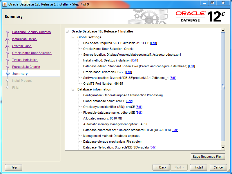 Oracle database 12cR1 Standard Edition 2 Installation on Windows: summary 