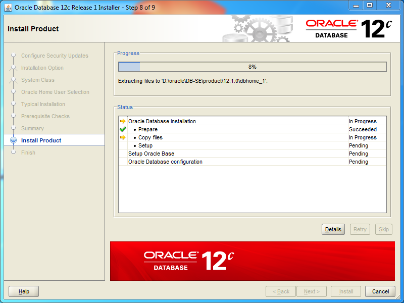 Oracle database 12cR1 Standard Edition 2 Installation on Windows: progress 