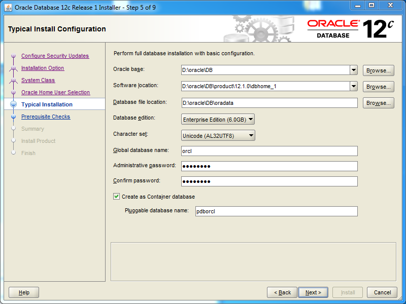 Oracle database 12cR1 EE Installation on Windows: typical installation 