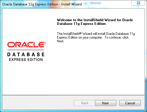Oracle database 11gR2 Express Edition Installation on Windows: welcome 