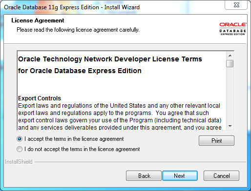 Oracle database 11gR2 Express Edition Installation on Windows: license 