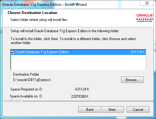 Oracle database 11gR2 Express Edition Installation on Windows: destination 