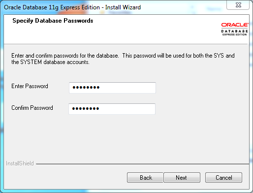 Oracle database 11gR2 Express Edition Installation on Windows: password 