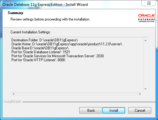 Oracle database 11gR2 Express Edition Installation on Windows:  summary