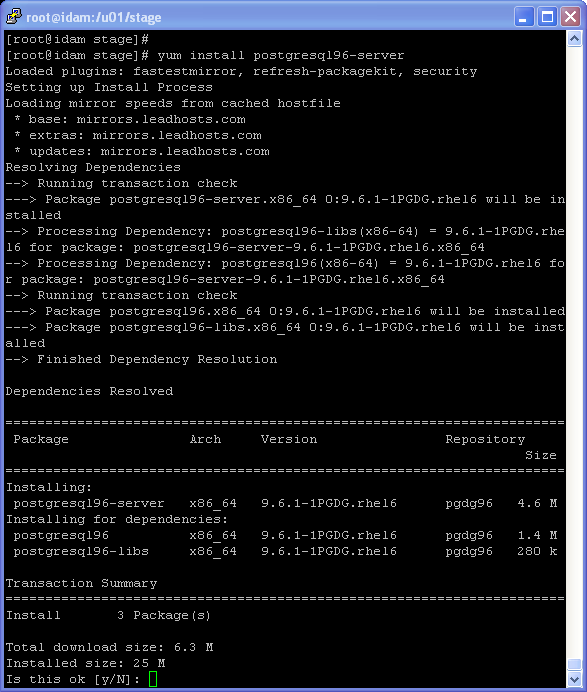 PostgreSQL installation on Linux (with Internet connection - yum) : yum install