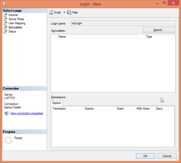 Create a Login for Microsoft SQL Server using SQL Server Management Studio (SSMS): securables 