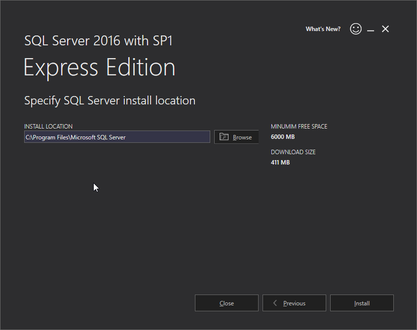 Microsoft SQL Server 2016 Express installation: location 