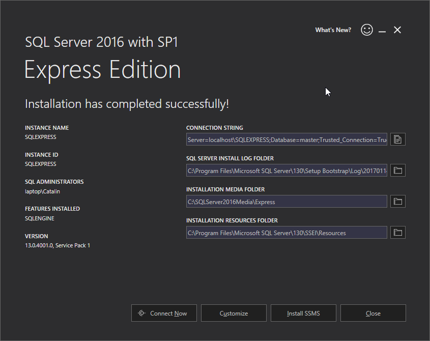 Microsoft SQL Server 2016 Express installation: installed 