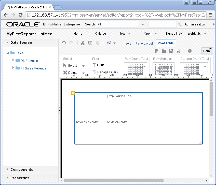 create simple / my first report with Oracle BI Publisher : pivot table