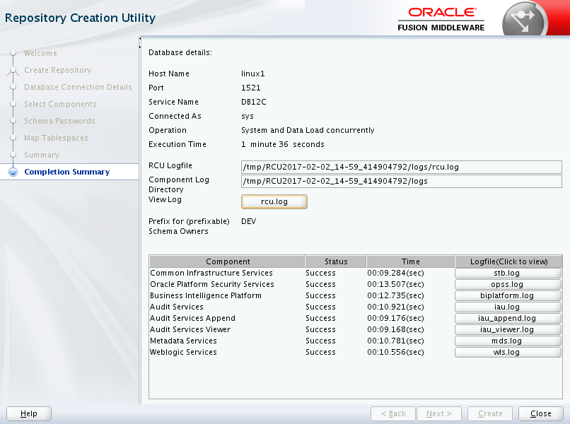 Oracle Business Intelligence 12c Enterprise Edition Prerequisites - run RCU : completition 