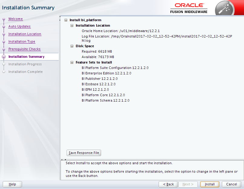 Oracle Business Intelligence 12c Enterprise Edition Installation : summary 