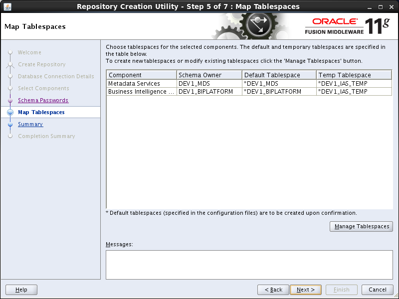 OBIEE 11g installation prerequisites: rcu map tablespace 