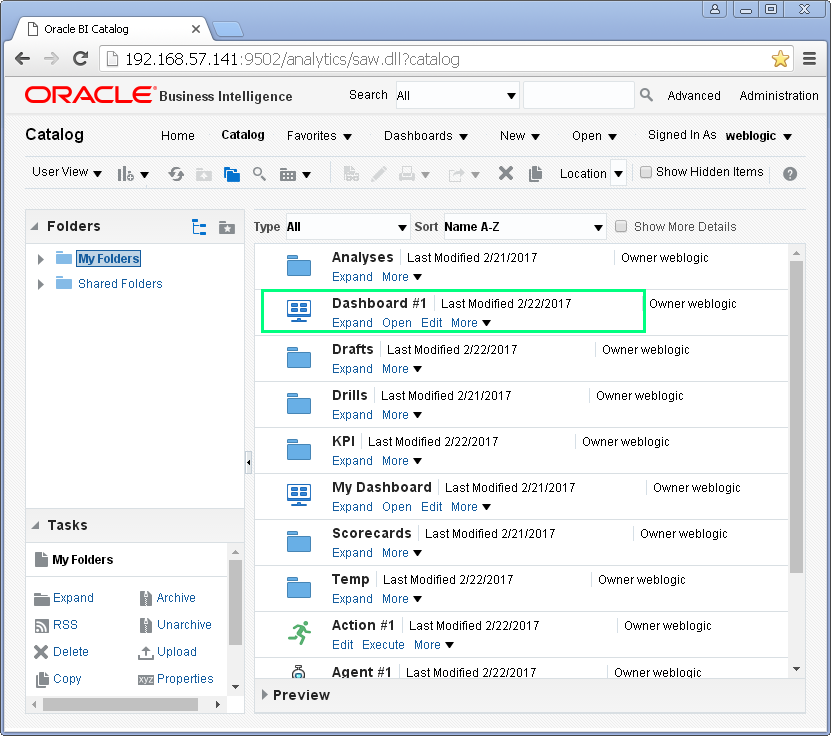 Add Content into an Oracle BI Dashboard : catalog