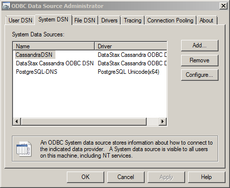 import data from Cassandra database into QlikView: data source name
