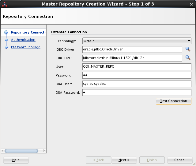 Create ODI Master Repository - ODI Studio 12c: database connection