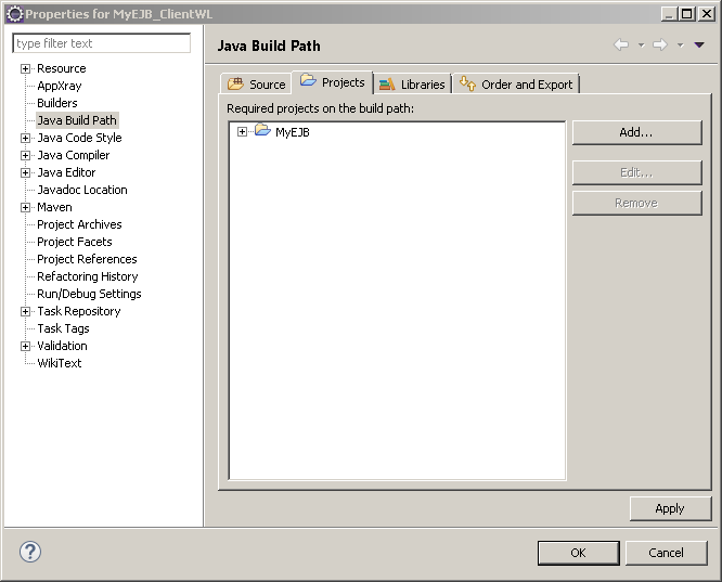 Java client application for EJB example: projects