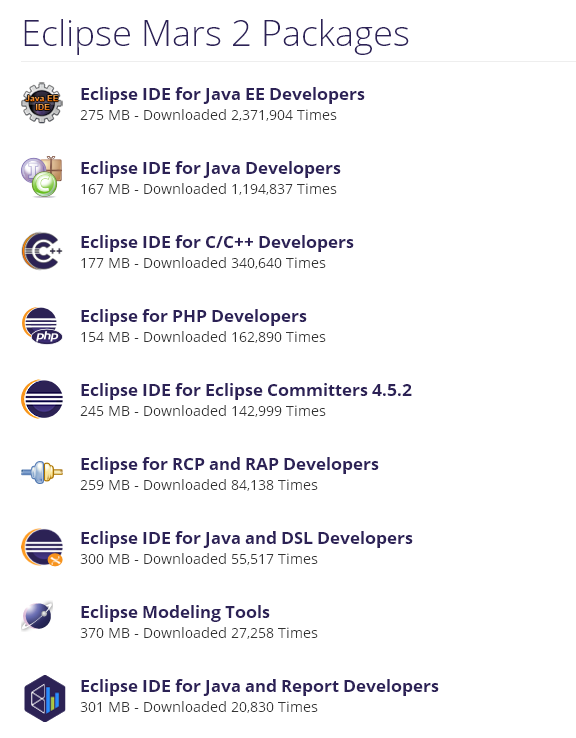 Choose Eclipse version for development/ new application: packages