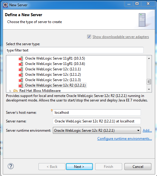 Add weblogic server to Eclipse IDE tool: Choose server type