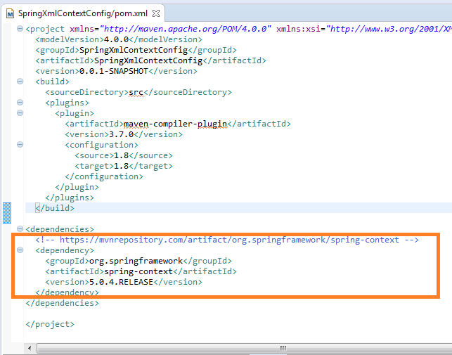 Spring context configuration using Java class (example) : pom.xml file