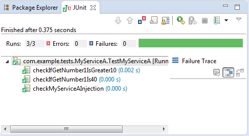 Testing your code using JUnit with Spring (example) : the result with JUnit.