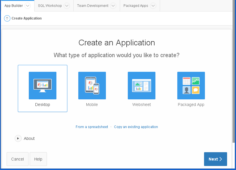create Oracle APEX Application - hello word: desktop application
