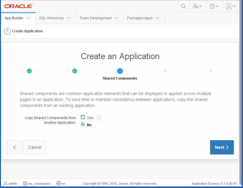 create Oracle APEX Application - hello word: shared components