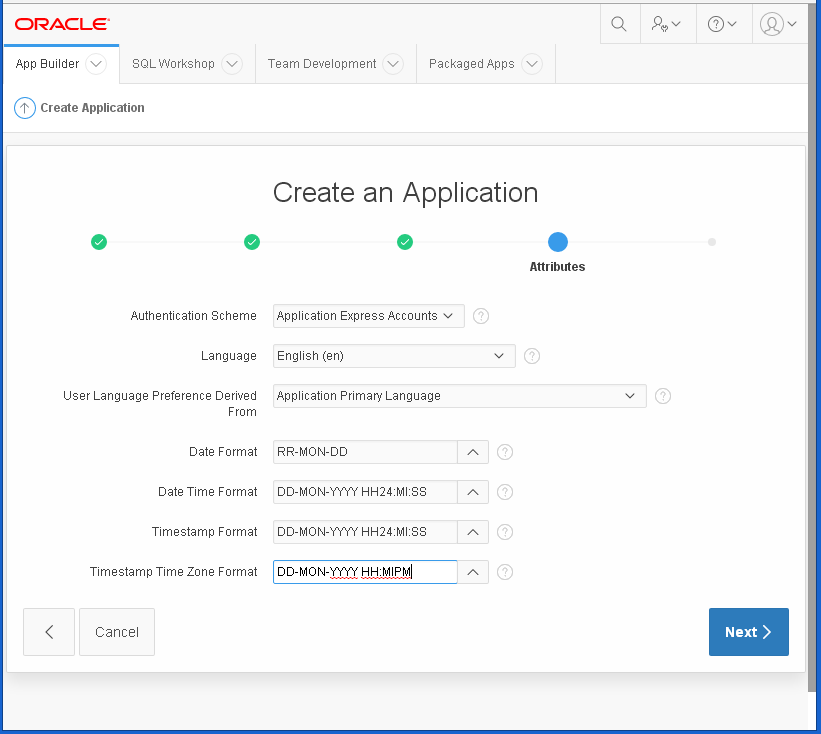create Oracle APEX Application - hello word: attributes