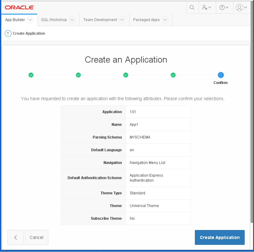 create Oracle APEX Application - hello word: confirmation