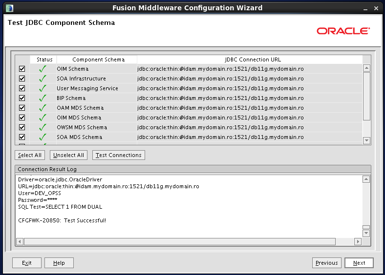 Configure Oracle Identity and Access Manager:  JDBC component schemas - test ok