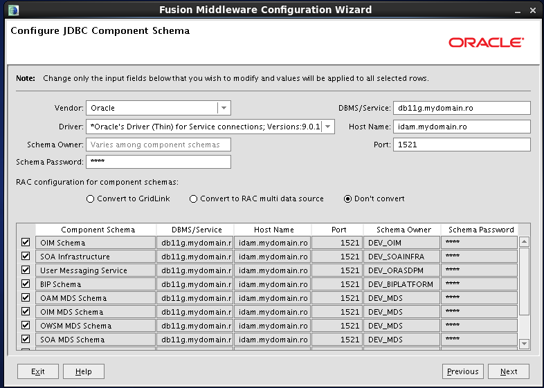 Configure Oracle Identity and Access Manager: JDBC component schemas