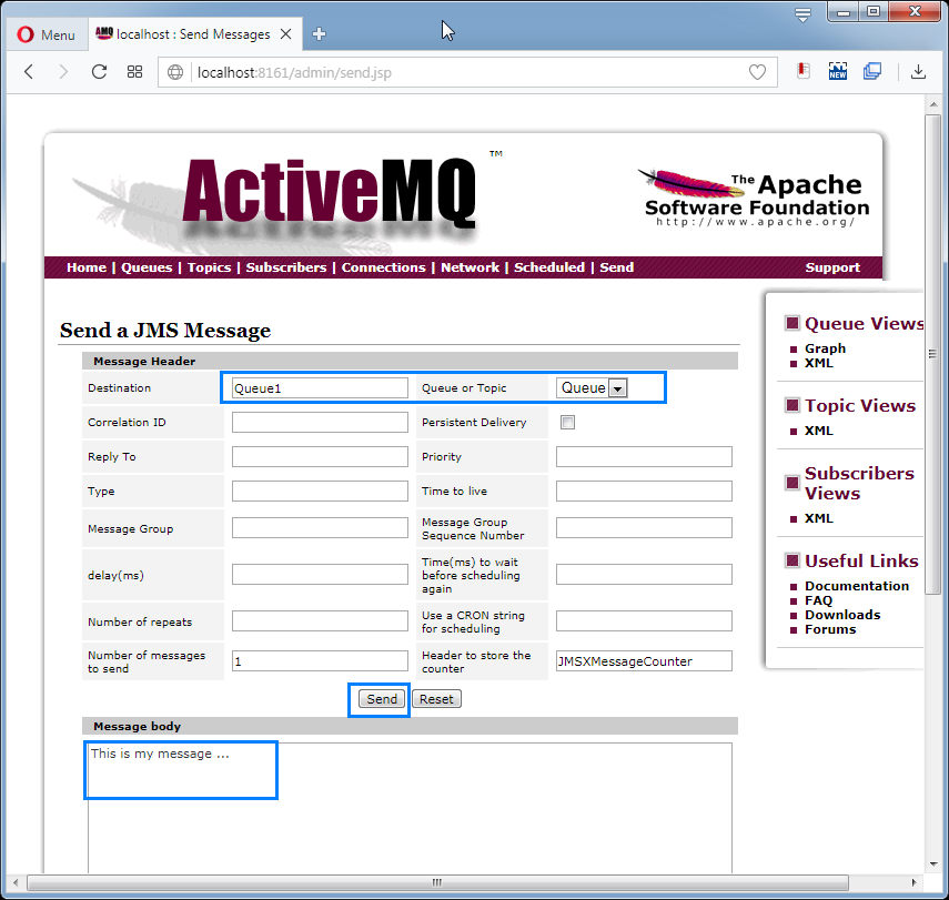 Send messages to ActiveMQ Queue: the message page